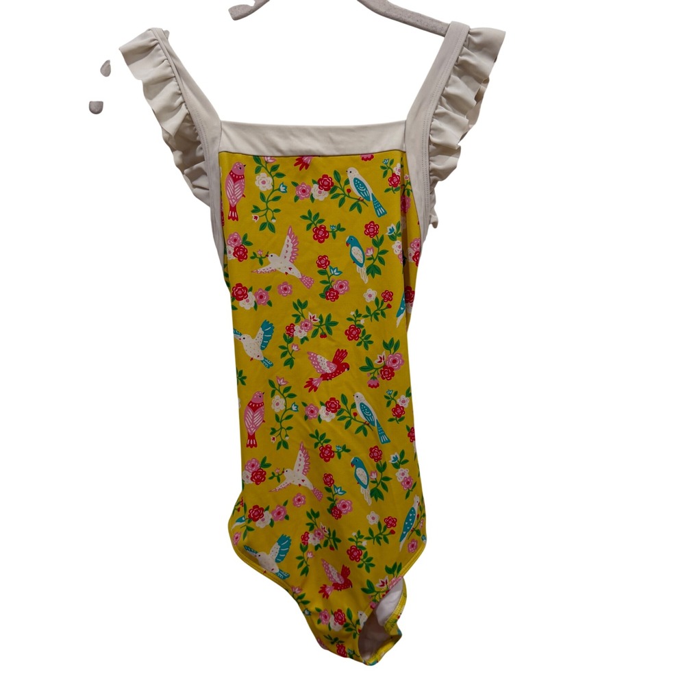 Boden Girls Yellow Bird Floral‎ Ruffle One Piece Swimsuit Size 11-12Y 152cm